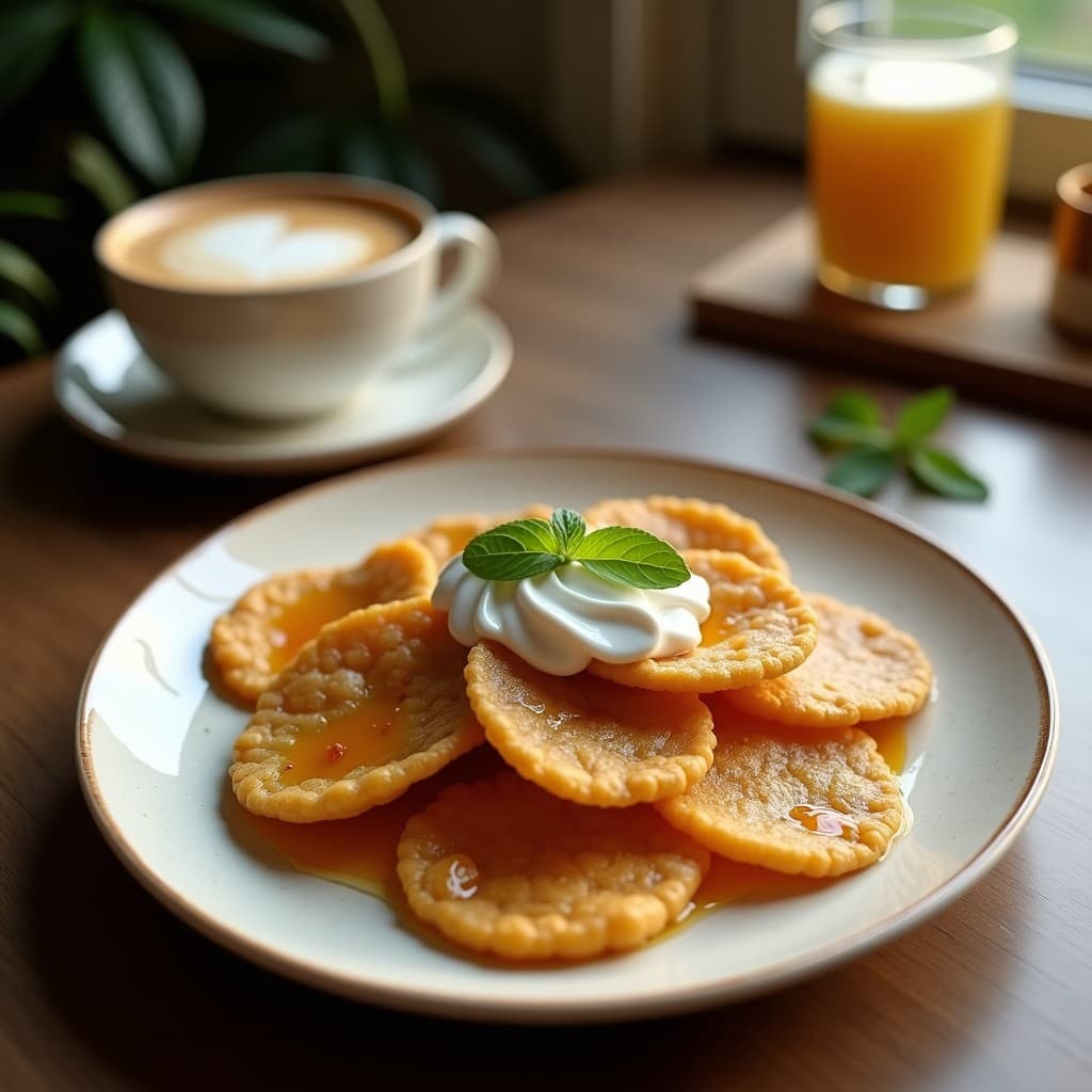 Taza de cerámica blanca con latte vegano energizante de café y dátiles, espumoso y decorado con canela en polvo y almendras fileteadas tostadas, sobre una mesa de madera rústica con granos de café y dátiles al fondo.