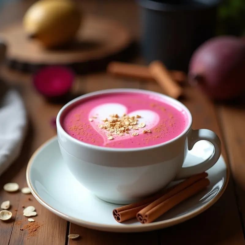 Taza blanca de cerámica con latte de remolacha y cardamomo, bebida de color rosa suave con espuma de leche de avena, espolvoreada con canela y cardamomo, sobre fondo de madera rústica con semillas de cardamomo y rodajas de remolacha cruda al lado.