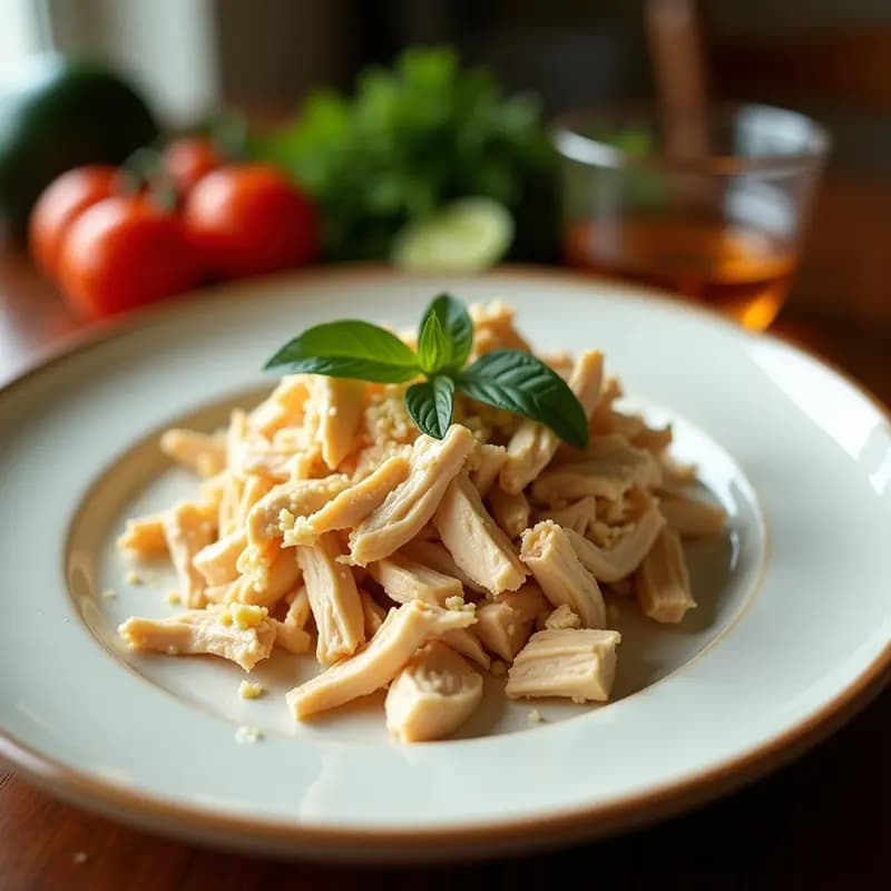 Ensalada balinesa lawar de pollo desmenuzado con coco rallado fresco, hierbas verdes, chiles rojos y especias, servida en plato de cerámica tradicional con fondo de hojas de plátano.