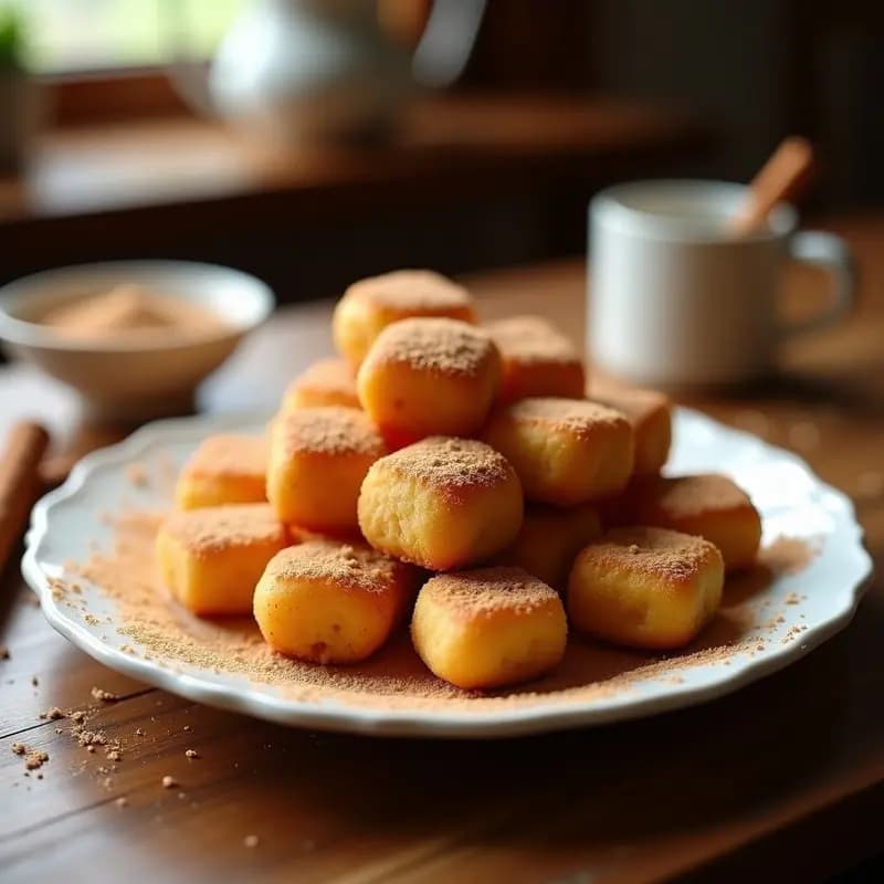 Porciones doradas de leche frita casera apiladas en un plato blanco, con azúcar y canela espolvoreada por encima. Textura crujiente por fuera y cremosa por dentro, típica de este postre tradicional español.