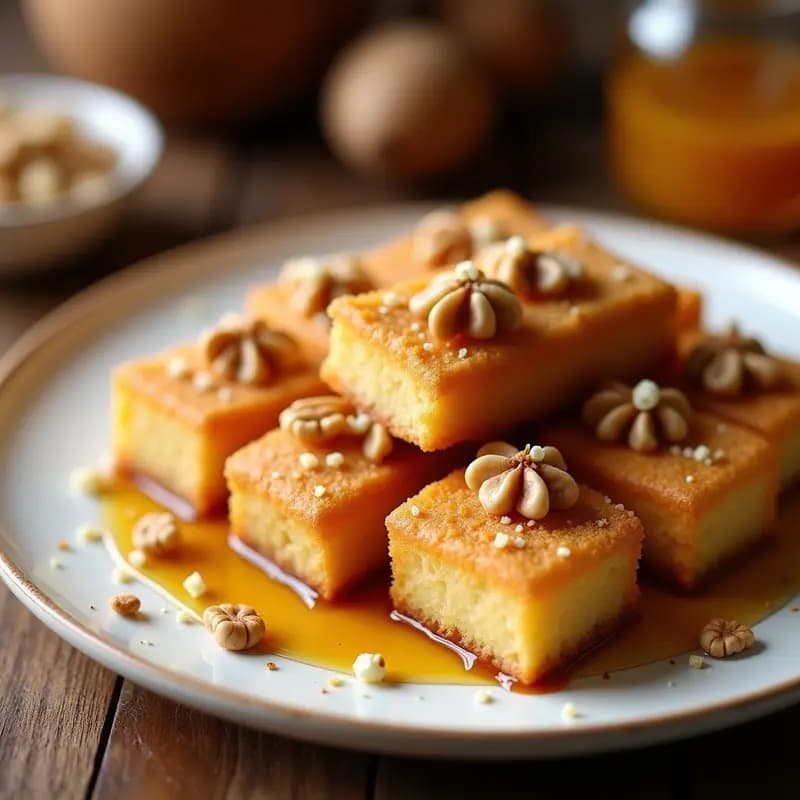 Plato blanco con trozos dorados de leche frita rebozada, bañados en miel brillante y espolvoreados con nueces troceadas. Fondo rústico con canela en rama y cáscara de limón.