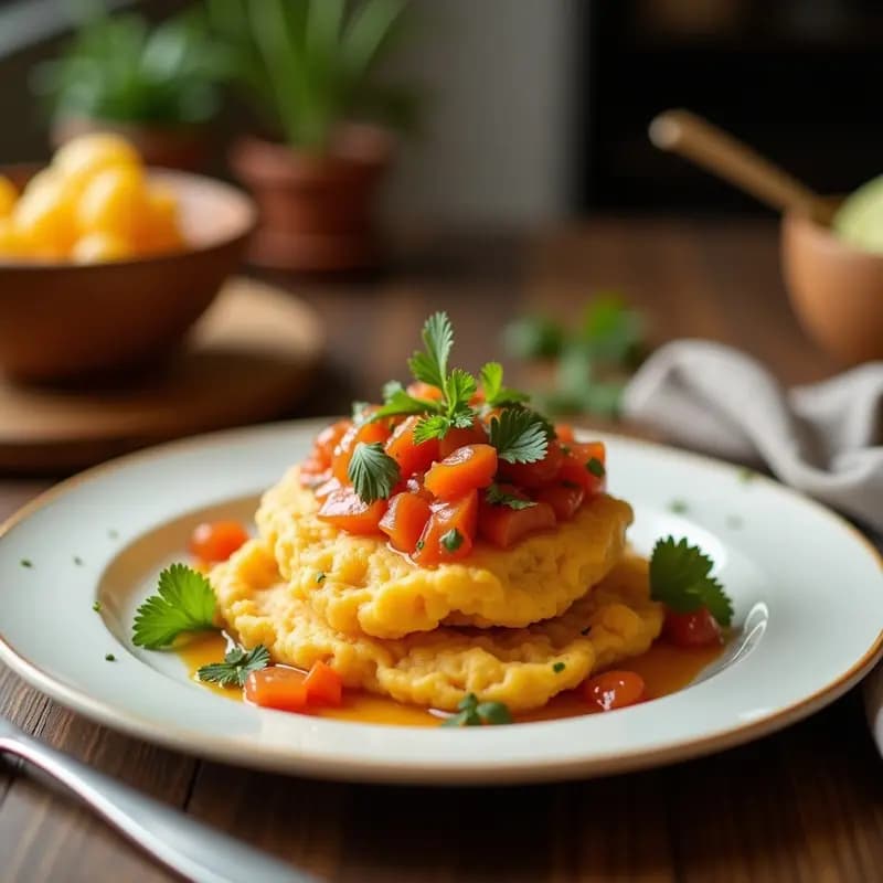 Porciones doradas de leche frita rebozada servidas en un plato blanco rústico, bañadas con salsa de caramelo salado brillante y espesa, con un fondo de cocina tradicional.