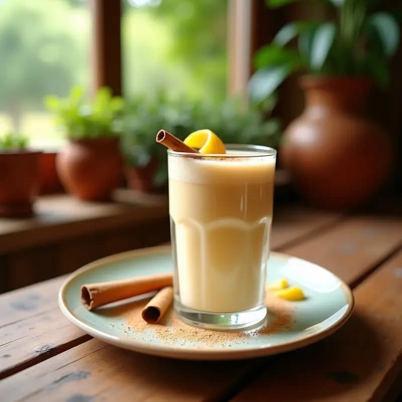 Vaso alto transparente con leche merengada con canela fría, espolvoreada con canela en polvo, con una ramita de canela y corteza de limón como decoración, sobre una mesa rústica de madera con fondo de huerta valenciana.
