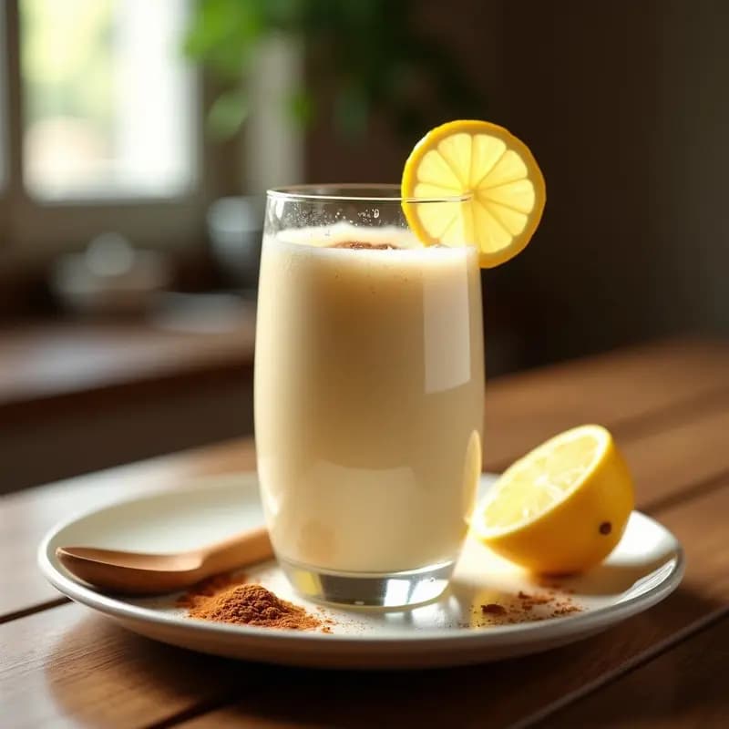 Vaso alto transparente con leche merengada fría, espuma ligera en la superficie, decorado con una rodaja de limón y una pizca de canela en polvo. Fondo con luz natural y elementos rústicos como una cuchara de madera y una rama de canela.