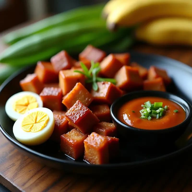 Plato hondo de cerámica blanca con trozos dorados y crujientes de lechón kawali filipino, acompañados de salsa liver spread cremosa, rodajas de huevo duro y limón calamansi. Fondo rústico con arroz blanco y ensalada de pepino.