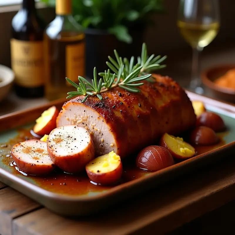 Lechona asada al horno con piel dorada y crujiente, servida en bandeja de barro con patatas y cebolla morada asadas, espolvoreada con romero fresco. Receta tradicional de Cerro Muriano con pimentón y ajo.
