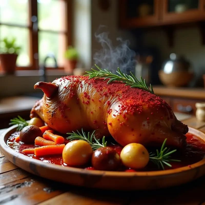 Lechona asada al horno con piel dorada y crujiente, espolvoreada con pimentón de la Vera. Servida en bandeja rústica con verduras asadas y hierbas aromáticas alrededor. Plato tradicional extremeño ideal para fiestas.