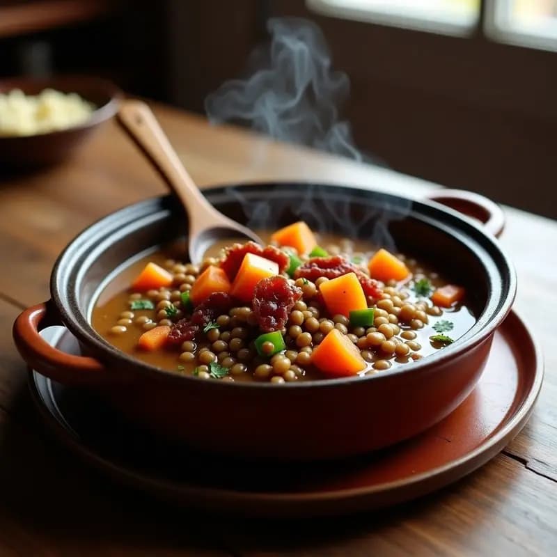 Olla de barro humeante con lentejas estofadas espesas, taquitos de panceta ibérica dorada, zanahoria, pimiento y cebolla. Plato rústico de cuchara con toque gourmet, servido en cuenco de cerámica oscura sobre mesa de madera.