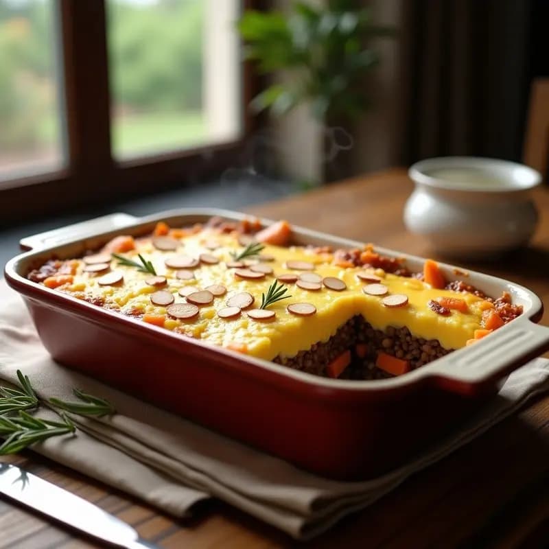 Fuente rectangular de cerámica con Lentil Sheperd’s Pie: capa inferior de lentejas estofadas oscuras con trozos de verduras, cubierta por un puré de coliflor cremoso y dorado con queso vegano ahumado gratinado y almendras fileteadas tostadas. Plato gourmet sin gluten sobre fondo rústico de madera.