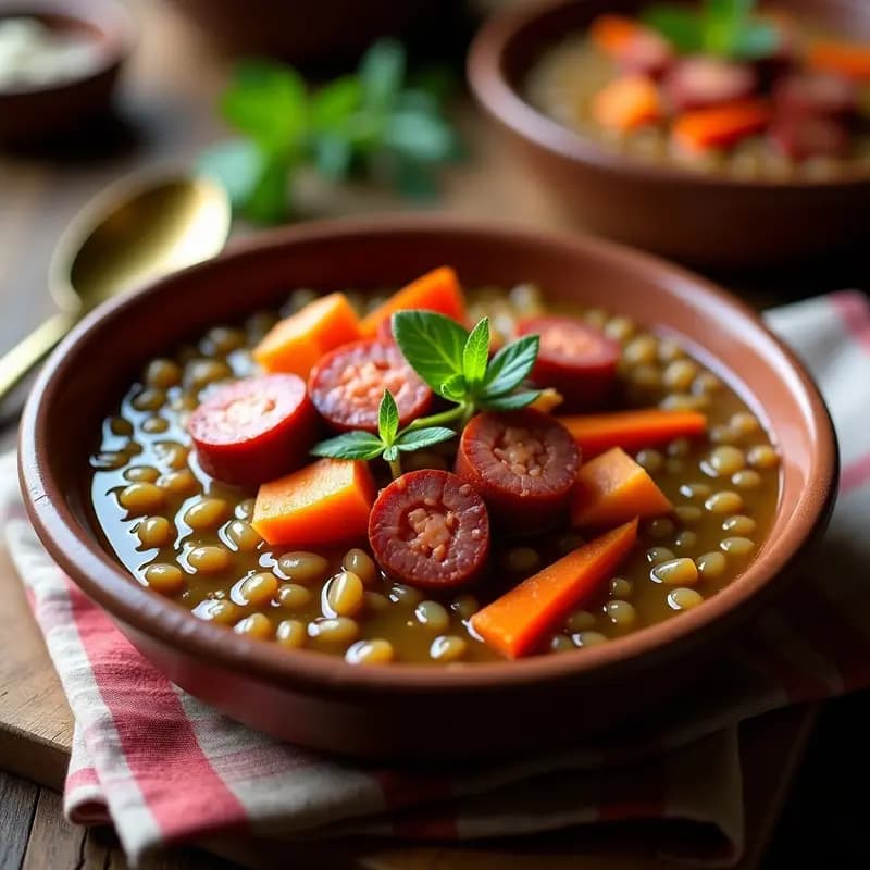 Plato hondo de barro con lentillas de Cordeo estofadas, rodajas de chorizo ibérico, zanahoria, pimiento rojo y apio, decorado con un hilo de aceite de oliva virgen extra. Receta tradicional española en olla rápida.