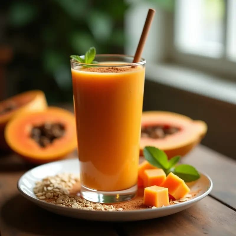 Vaso alto transparente con licado espeso de papaya y avena, color naranja pálido, espolvoreado con canela en polvo, rodeado de cubos de papaya fresca y hojas de menta sobre una mesa de madera rústica. Desayuno colombiano energético y saludable.