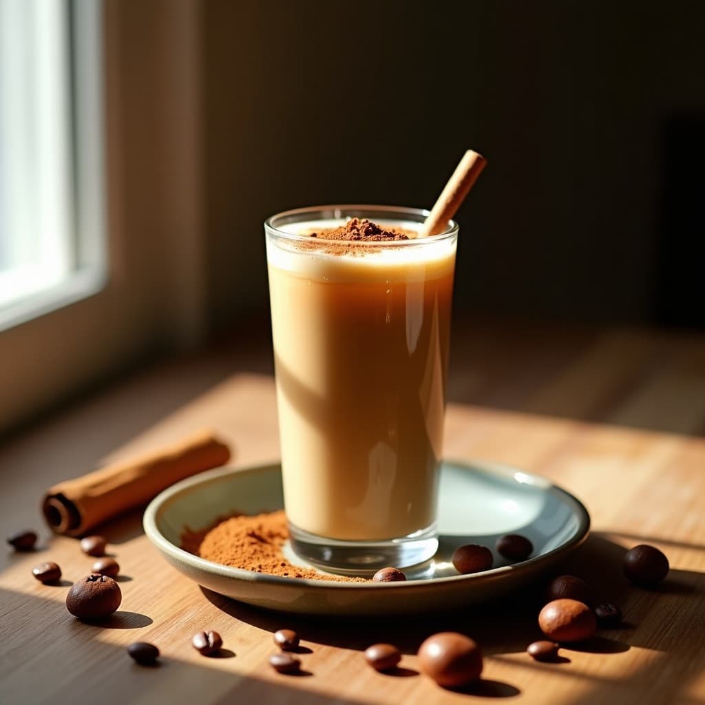 Vaso alto transparente con licinado de café con avellanas tostadas y canela, espolvoreado con canela en polvo y decorado con avellanas picadas, sobre una mesa de madera rústica con granos de café y una rama de canela al lado.
