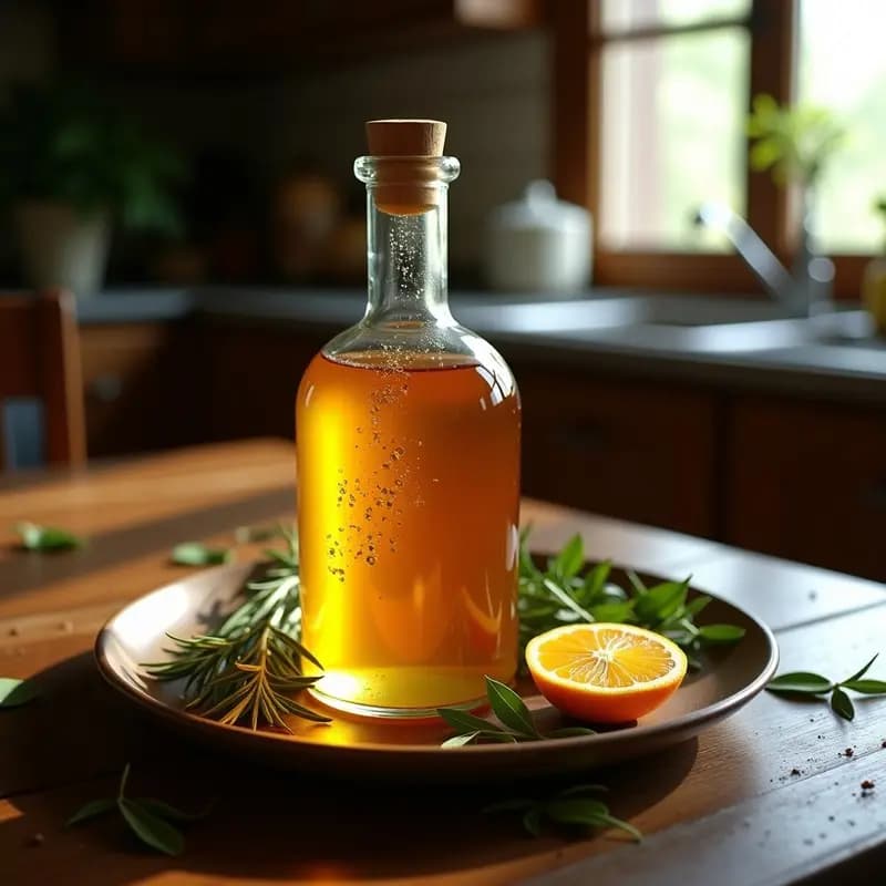 Botella de vidrio transparente llena de licor de hierbas casero con miel, de color ámbar dorado, con ramitas de romero y rodajas de naranja y limón alrededor, sobre una mesa de madera rústica con luz cálida.