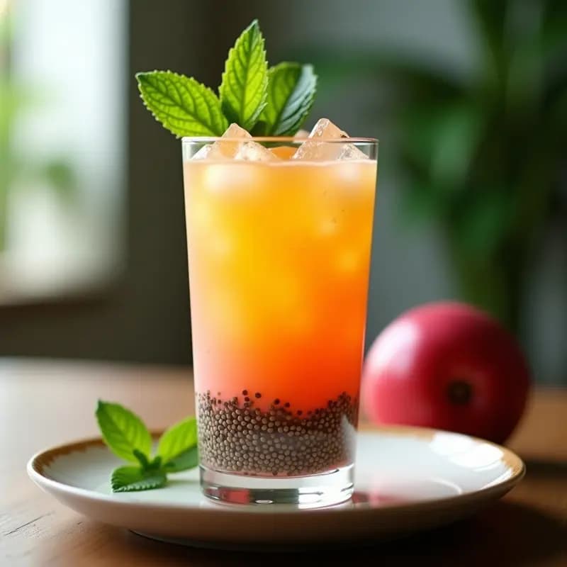 Vaso alto transparente con licuado de pitahaya y maracuyá con semillas de chía, decorado con hojas de hierbabuena y semillas de chía espolvoreadas. Bebida colombiana antioxidante de color vibrante entre rosado y amarillo, servida con hielo y fondo borroso de cocina tropical.