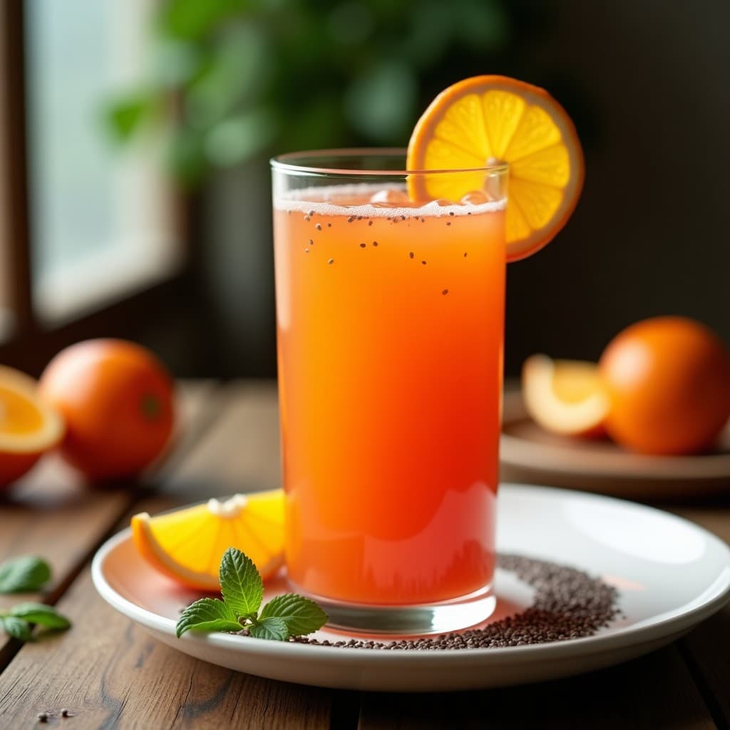 Vaso alto transparente con licuado de tamarillo y naranja con semillas de chía, bebida colombiana rica en vitamina C, decorado con rodajas de naranja y semillas de chía en el borde, sobre una mesa rústica de madera con hojas de menta.