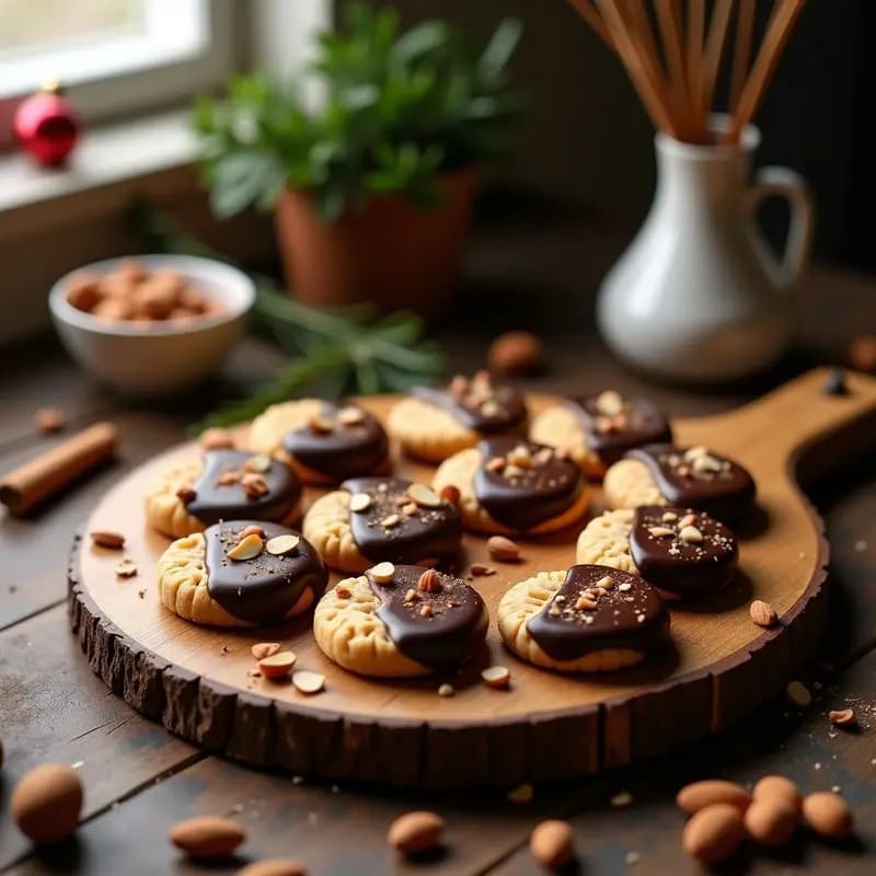 Plato blanco rústico con Liebkuchen alemán en forma de discos dorados, cubiertos con glaseado de chocolate negro brillante y espolvoreados con azúcar glass. Al fondo, especias y rodajas de naranja como decoración navideña.