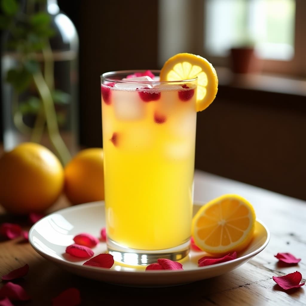 Vaso alto transparente con limonada dorada de azafrán y cardamomo, hielo de rosa con pétalos congelados, decorado con pétalos de rosa frescos y una rodaja de limón al borde. Fondo difuminado con tonos cálidos y especias al lado.