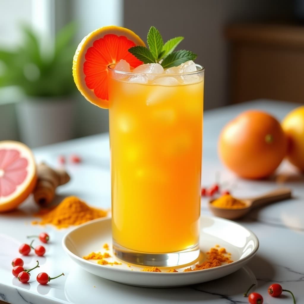 Vaso alto transparente con limonada dorada de cúrcuma y pimienta de cayena, decorada con hielo picado, rodajas de pomelo rojo y una ramita de menta fresca. Fondo claro con detalles de especias en polvo y raíz de cúrcuma fresca.