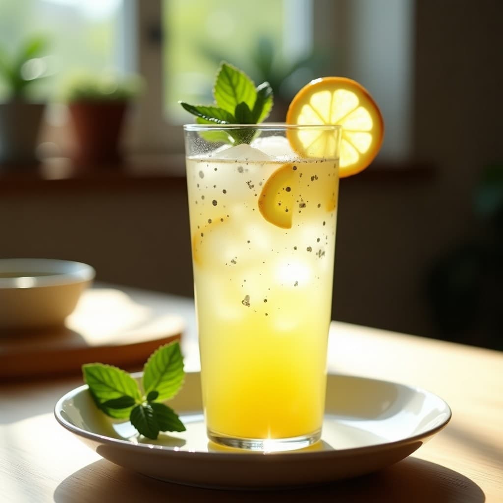 Vaso alto transparente con limonada de jengibre y menta con chía, decorado con rodajas de limón y hojas de menta fresca, sobre fondo de madera clara con hielo flotando.