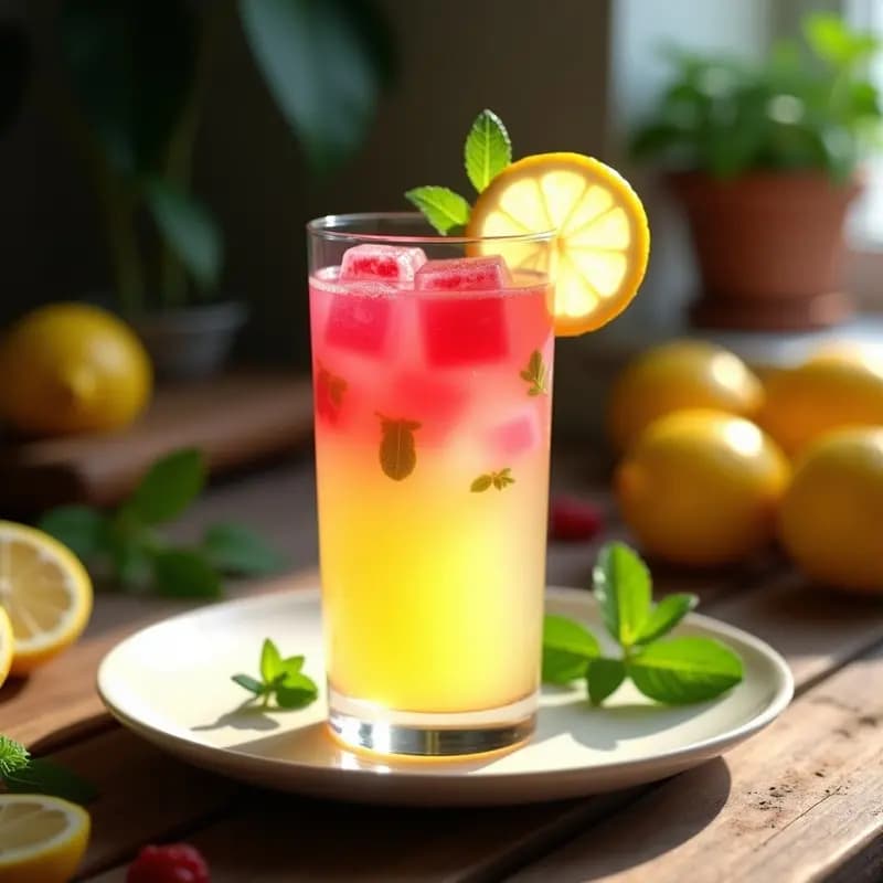 Vaso alto transparente con limonada dorada y ambarina, hielos rosados de hibisco flotando, rodaja de limón y ramita de menta fresca. Fondo desenfocado con más hierbas y cítricos.