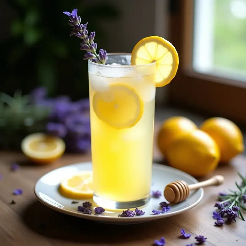 Vaso alto de cristal con limonada de lavanda y miel, decorado con flores de lavanda fresca y rodajas de limón, sobre fondo rústico de madera con hierbas provenzales.