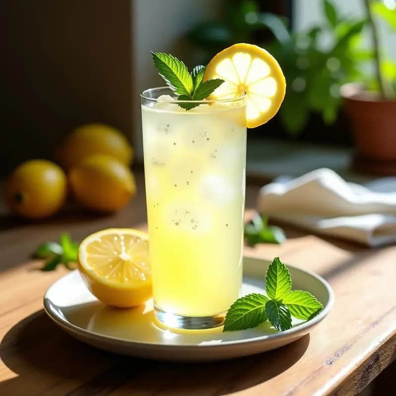 Vaso alto transparente con limonada a la maltesa con hierbabuena, decorado con hielo picado, rodaja de limón y ramita de hierbabuena fresca, sobre fondo de madera rústica con luz natural.