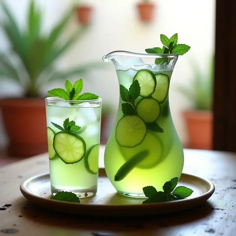 Jarra de cristal transparente llena de limonada árabe de menta y pepino, con rodajas de limón verde y pepino flotando, hojas de menta fresca y hielo picado. Vasos altos con la bebida al lado, decorados con una ramita de menta.