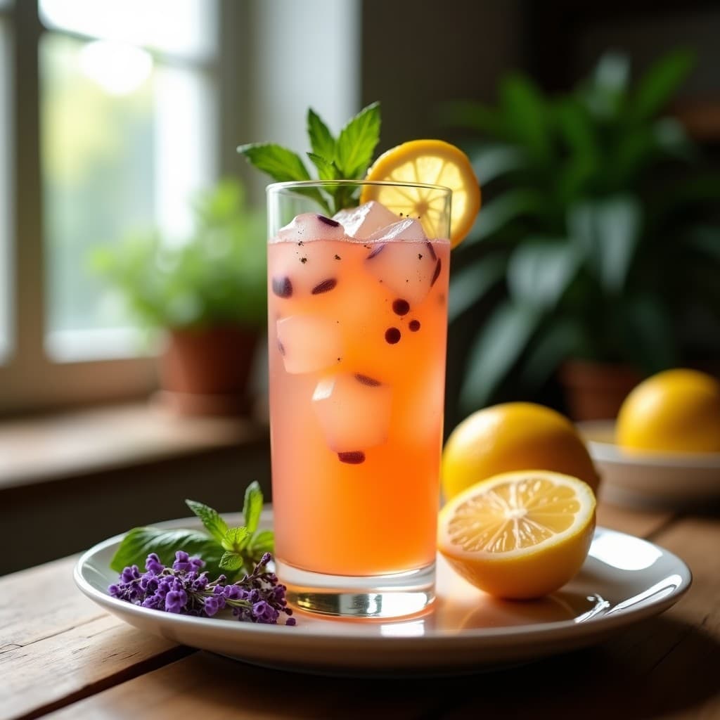Vaso alto transparente con limonada de rosa mosqueta y jengibre, cubitos de hielo con hierbas aromáticas (menta, albahaca y lavanda), rodaja de limón y hoja de menta como decoración, sobre fondo de madera rústica con luz natural.