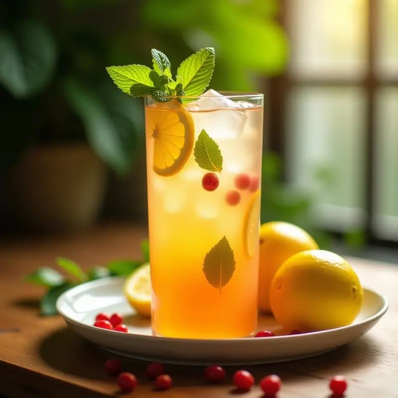 Vaso alto transparente con limonada de rosa mosqueta y menta, decorado con rodajas de limón amarillo, hojas de menta fresca y hielo picado. Fondo borroso con tonos verdes y amarillos que evocan frescura natural. Bebida detox chilena refrescante de color ámbar claro.