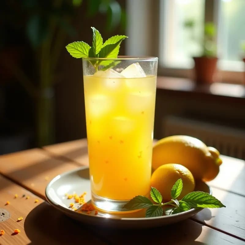 Vaso alto transparente con limonada dorada de saffron y menta, decorada con hielo, hebras de azafrán y hojas de menta fresca, sobre una mesa de madera con fondo borroso.