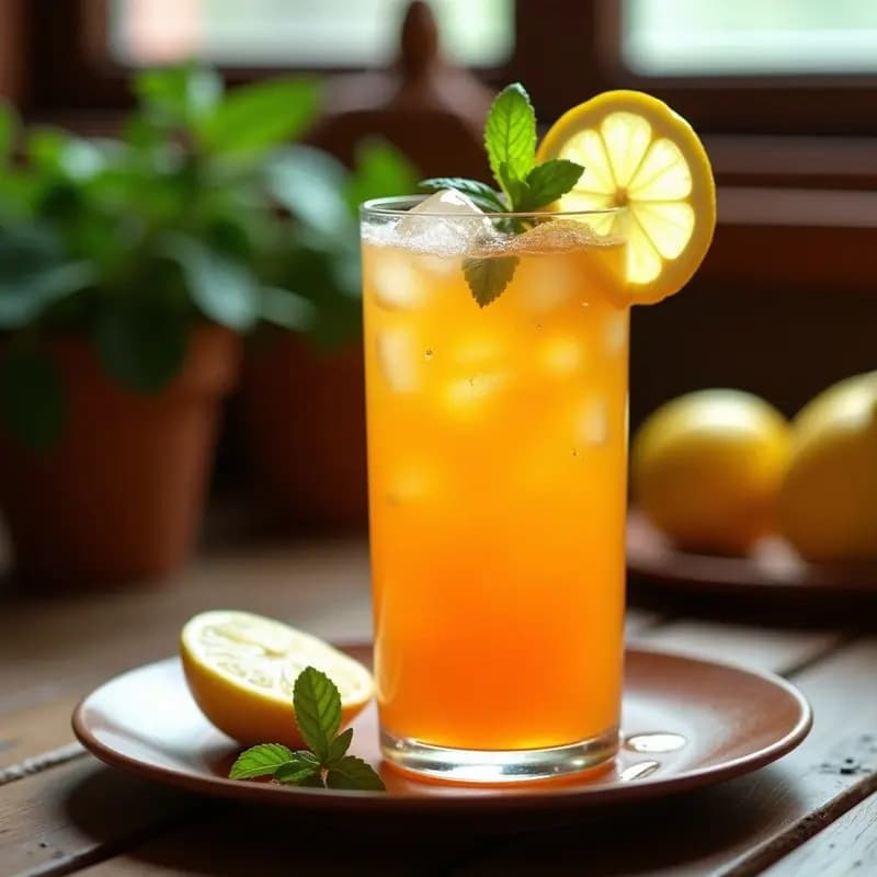 Vaso alto transparente con limonada de tamarindo y jengibre peruana, burbujas de limón visibles, decorado con rodajas de limón y hojas de hierbabuena, fondo rústico con ingredientes naturales.