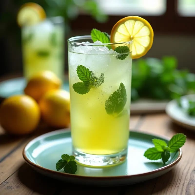 Vaso alto de cristal con limonana libanesa, llena de hielo picado grueso, hojas de menta fresca flotando y una rodaja de limón amarillo al borde. Fondo borroso con más vasos y ramitas de menta sobre una mesa de madera rústica, iluminación natural suave.