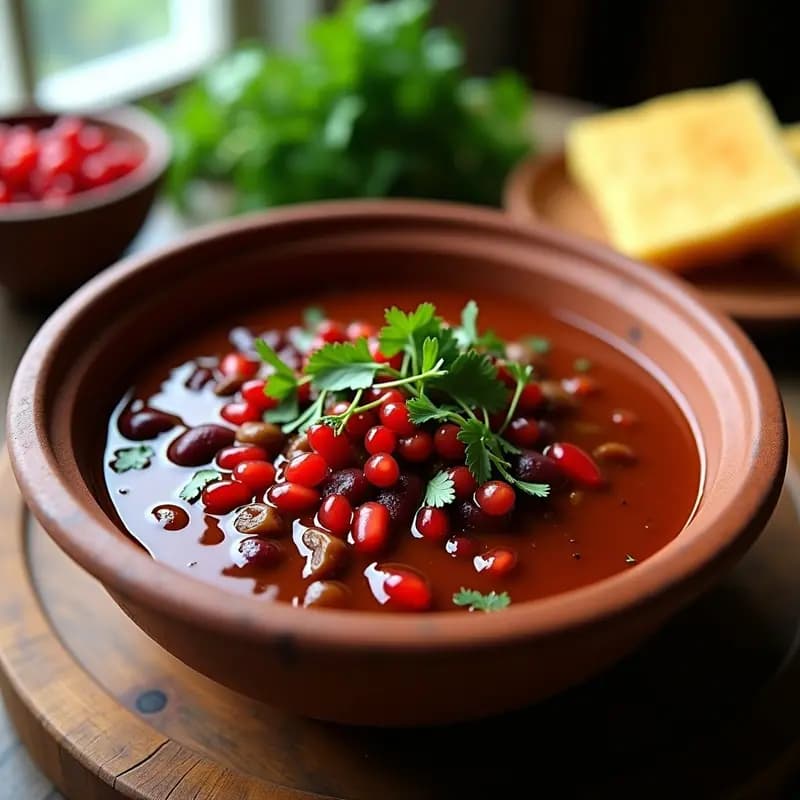 Plato tradicional georgiano de lobio con frijoles rojos cocidos en salsa especiada, decorado con semillas de granada fresca y cilantro picado, servido en un bol de cerámica rústica sobre fondo de madera oscura.