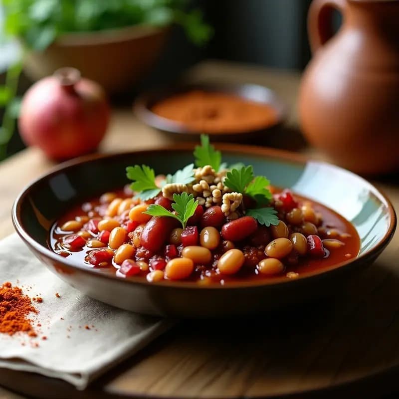 Plato hondo de barro con Lobio Georgiano de judías rojas y cilantro, guiso vegano espeso con semillas de granada y nueces picadas, decorado con hojas de cilantro fresco.