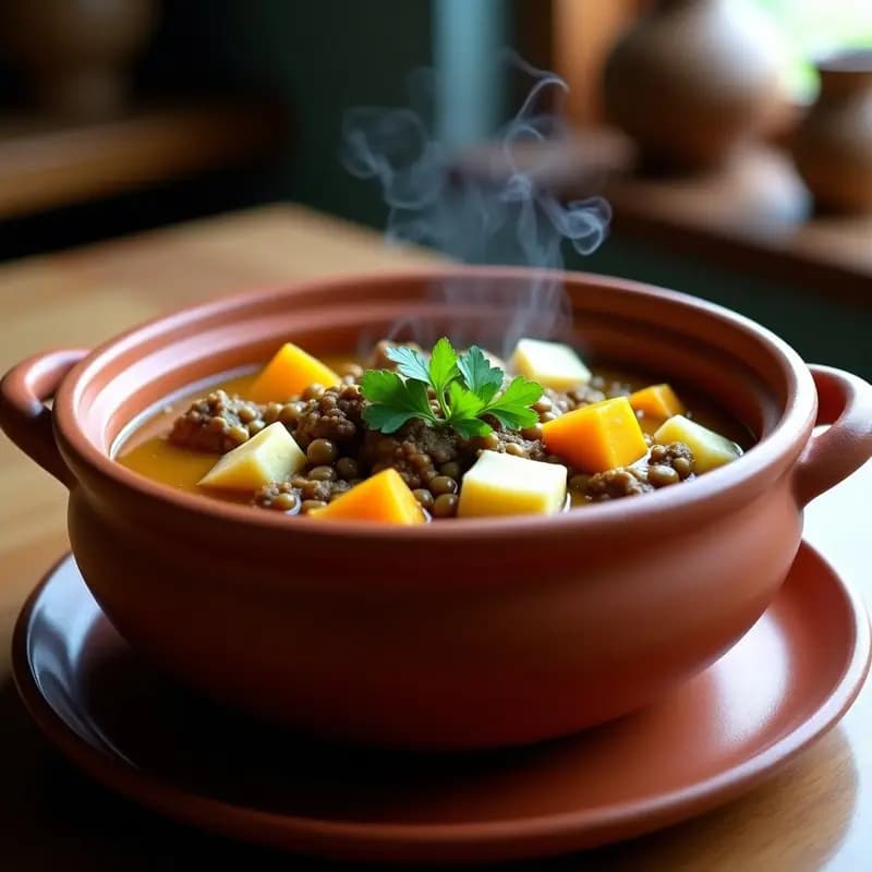 Olla de barro humeante con locro criollo argentino vegano, mostrando trozos de zapallo anco, granos de maíz blanco y carne de seitán desmenuzada en un caldo espeso y dorado, decorado con perejil fresco.