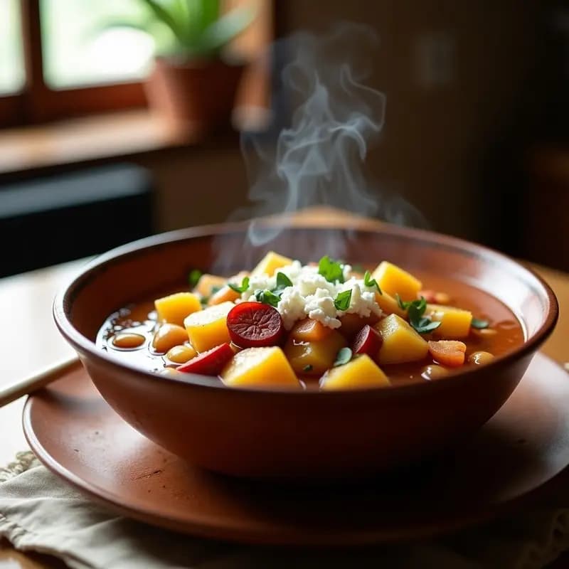 Plato hondo de barro con Locro de Papa y Habas con Chorizo Colorado, guiso ecuatoriano espeso con papas amarillas, habas tiernas y rodajas de chorizo colorado, decorado con queso fresco desmenuzado y cilantro fresco, servido sobre una mesa de madera rústica.