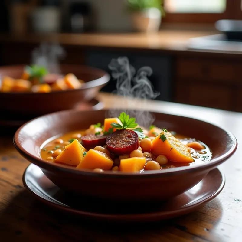 Plato hondo de barro con locro de zapallo y porotos con chorizo colorado, rodajas de chorizo, cubos de zapallo anco y porotos granados, espolvoreado con perejil fresco, sobre mesa de madera rústica con fondo borroso de cocina tradicional argentina.