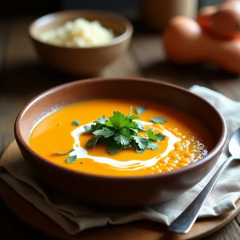 Locro de Zapallo y Quinoa servido en un plato hondo de barro, con trozos de zapallo naranja, quinoa esponjosa y decorado con hojas verdes de huacatay y perejil fresco. Sopa tradicional peruana sin gluten, cremosa y reconfortante.