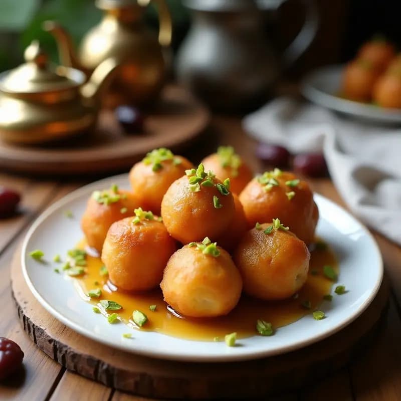 Bolitas doradas de lokma turca de artejo y miel de dátiles servidas en un plato blanco con sirope brillante y pistachos picados, receta sin azúcar y sin horno.