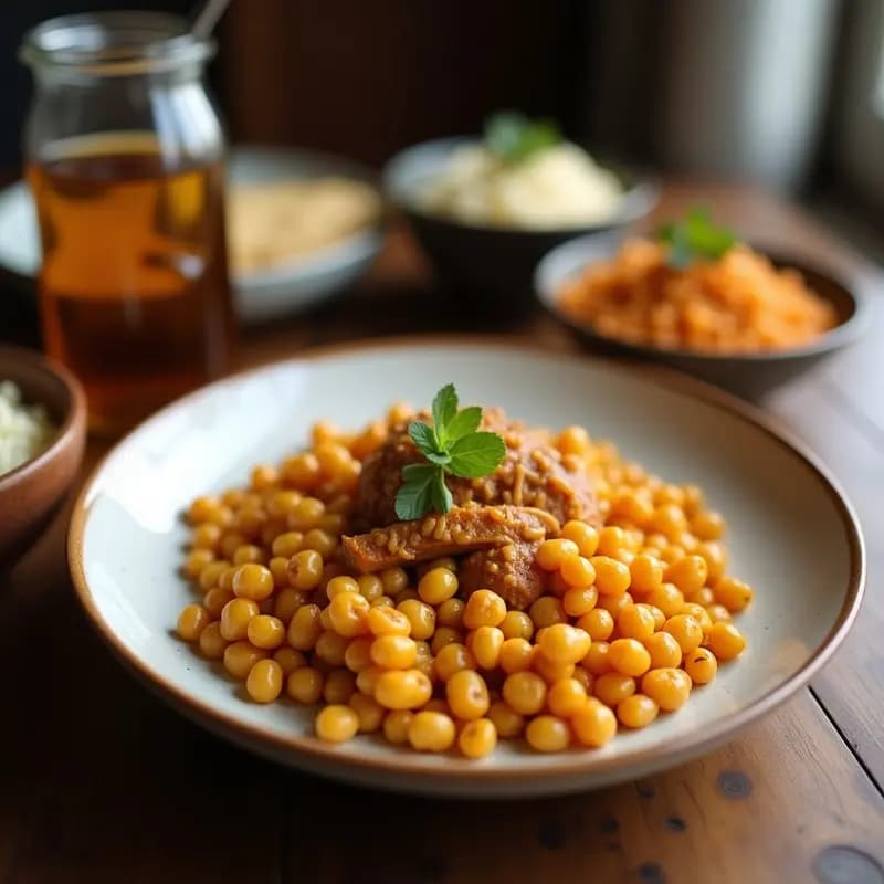 Plato blanco con lokma de harina de garbanzo sin gluten, donuts turcos fritos dorados bañados en sirope de miel brillante, decorados con pistachos picados y semillas de sésamo, sobre fondo rústico de madera.