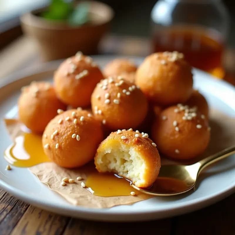 Plato blanco con lokmas turcas doradas y esponjosas bañadas en almíbar de miel y canela, espolvoreadas con semillas de sésamo tostadas, servidas sobre papel de horno rústico.