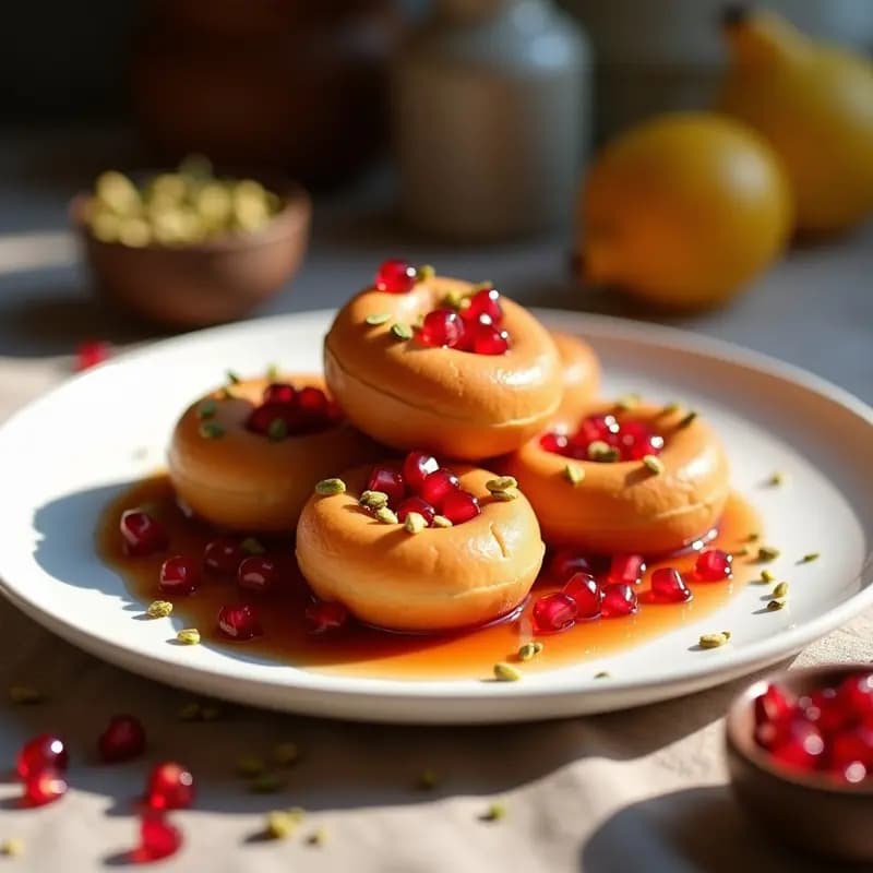 Plato blanco con Lokma doradas y crujientes bañadas en sirope de granada brillante, decoradas con semillas de granada y pistachos picados, servidas sobre papel de horno con fondo desenfocado.