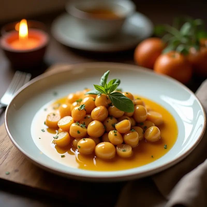 Lokmas doradas y esponjosas de plátano y cardamomo, bañadas en miel de dátiles brillante, espolvoreadas con pistachos picados y servidas en un plato de cerámica blanca sobre fondo rústico.
