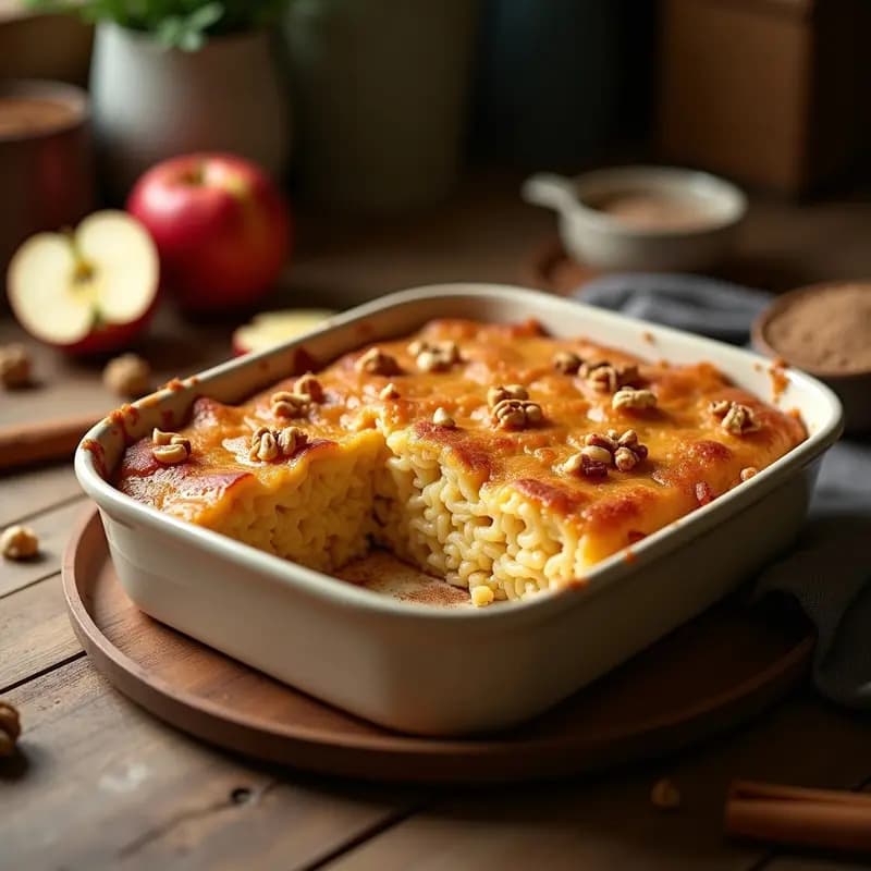 Lokshen Kugel vegano horneado en molde cuadrado, con superficie dorada y textura esponjosa. Trozos de manzana y nueces visibles en el interior. Servido en plato blanco con canela espolvoreada.