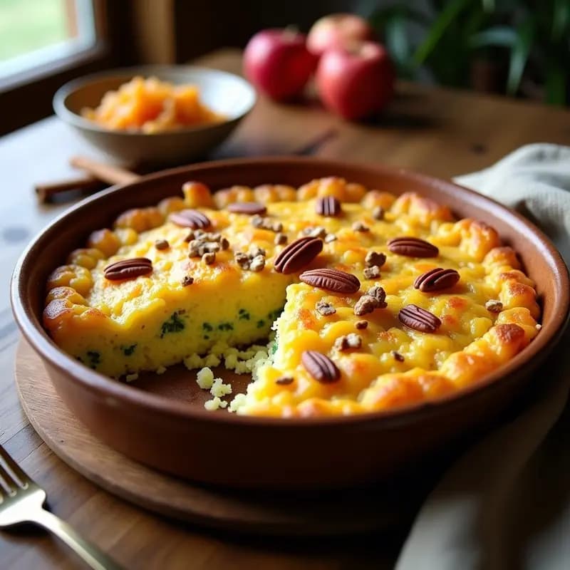 Lokshen Kugel keto de fideos de calabacín dorado en molde rectangular, con textura esponjosa y topping crujiente de nueces pecanas, servido en plato de cerámica rústica sobre mesa de madera.