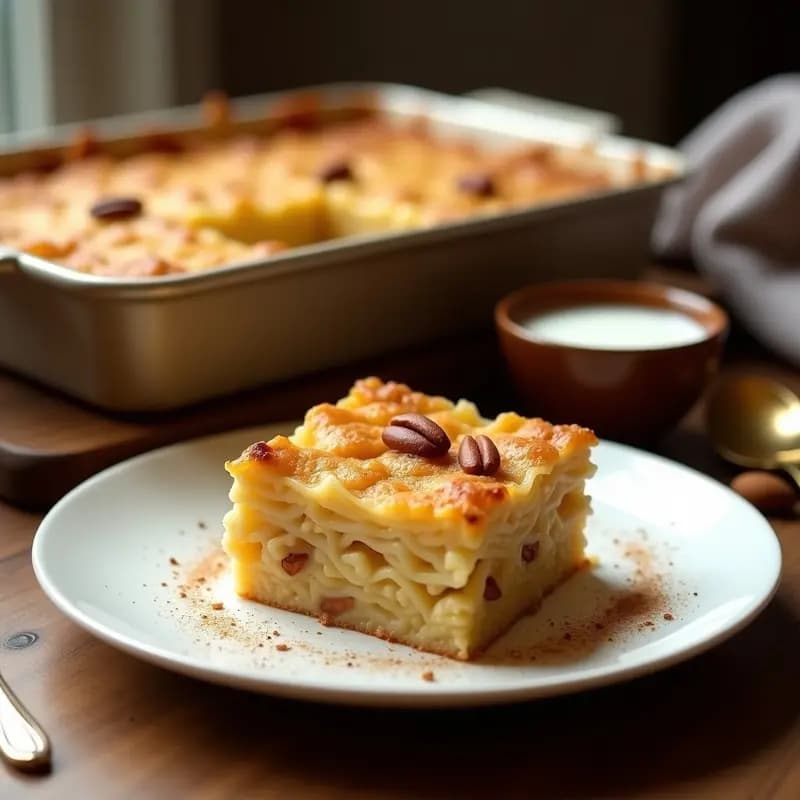 Lokshen Kugel de fideos integrales y manzana sin azúcar en molde rectangular dorado, con superficie crujiente y trozos de manzana visibles, servido en porciones cuadradas sobre plato de cerámica blanca.
