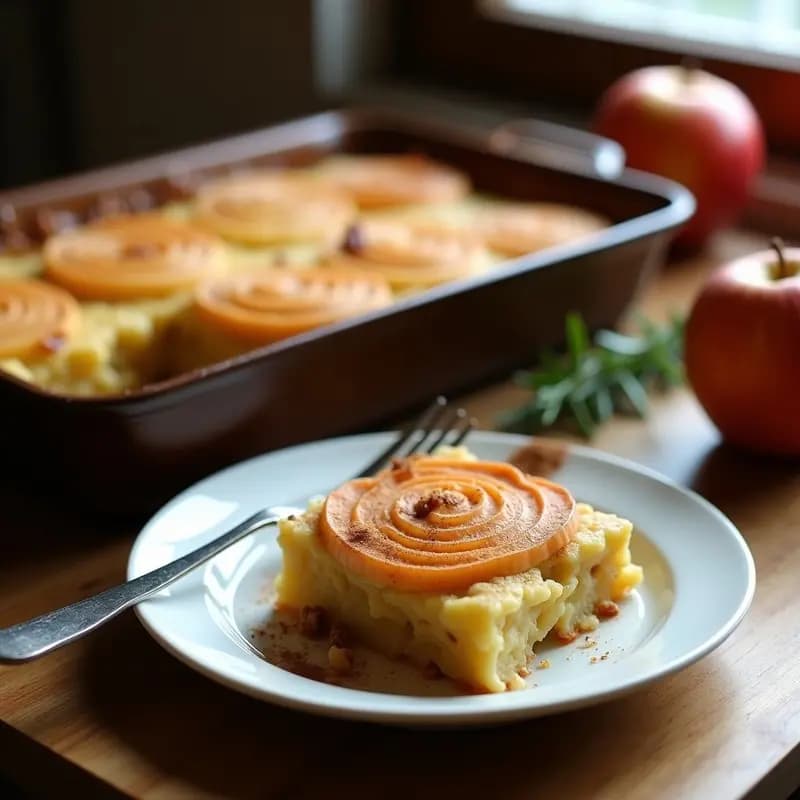 Lokshen Kugel horneado en molde rectangular, con superficie dorada y decorado con láminas de manzana en espiral y un espolvoreado de canela. Postre judío tradicional sin azúcar, servido en porción individual sobre plato blanco rústico.
