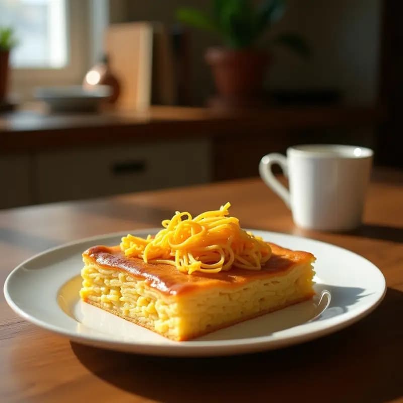 Lokshen Kugel Judy recién horneado, pastel de fideos dorados con trozos de manzana caramelizada y nueces pecanas, servido en molde rectangular sobre fondo rústico de madera, típico plato judío para Rosh Hashaná.