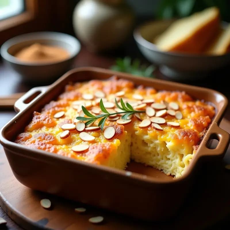 Molde cuadrado de cerámica con Lokshen Kugel de fideos integrales y queso cottage sin azúcar, dorado por encima con almendras fileteadas tostadas. Postre judío tradicional servido en porciones cuadradas sobre un plato de madera rústica, con especias visibles en la textura.