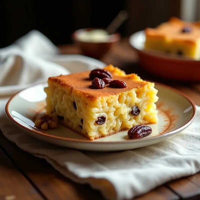 Lokshen Kugel Judío con fideos de arroz y pasas en molde cuadrado, dorado por fuera y esponjoso por dentro, decorado con nueces picadas y un toque de canela espolvoreada.